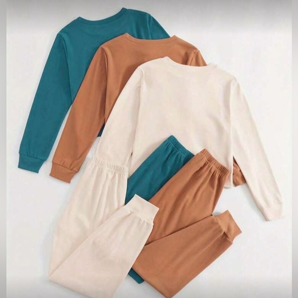 Women’s 2 Piece Loungewear Set Long Sleeve Top & Pants Camel Teal or Cream Fall - Picture 7 of 8